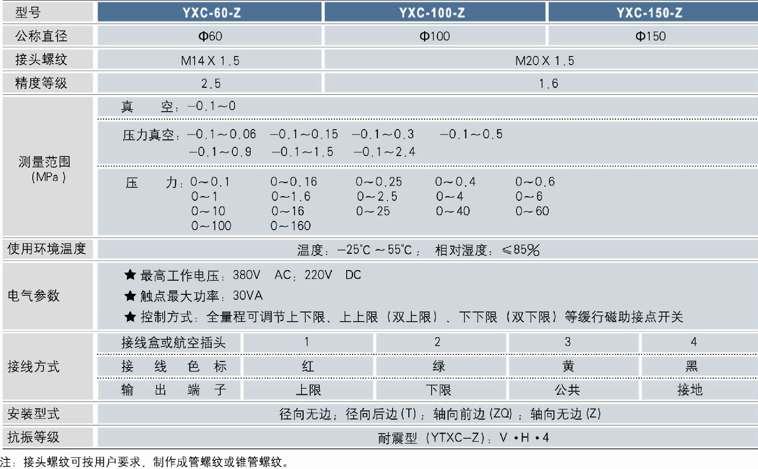 YXC-60-ZⅡ軸向無邊耐震電接點壓力表技術(shù)參數(shù)